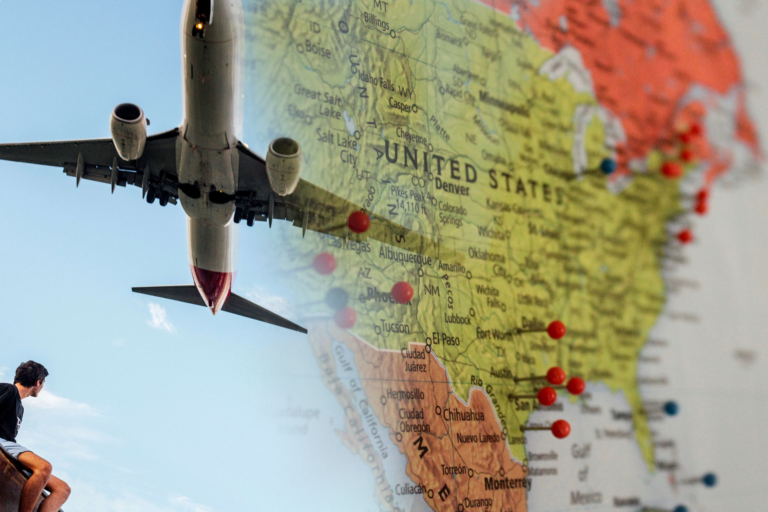 A picture of a man looking at an airplane flying on the background of the US region map.