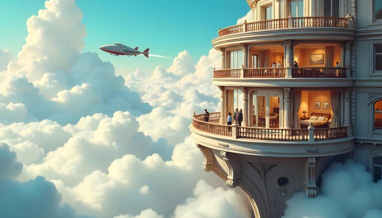 AI generated image of an aircraft travelling away from a hotel in the clouds