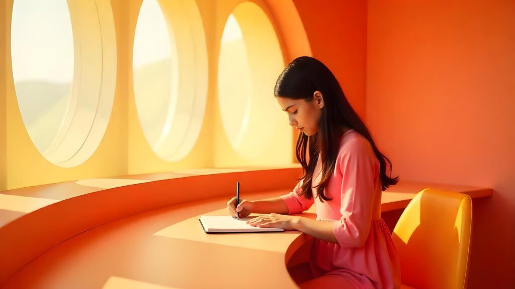 AI Agents Hero Image: A woman is sitting at a desk and working in a futuristic hotel.