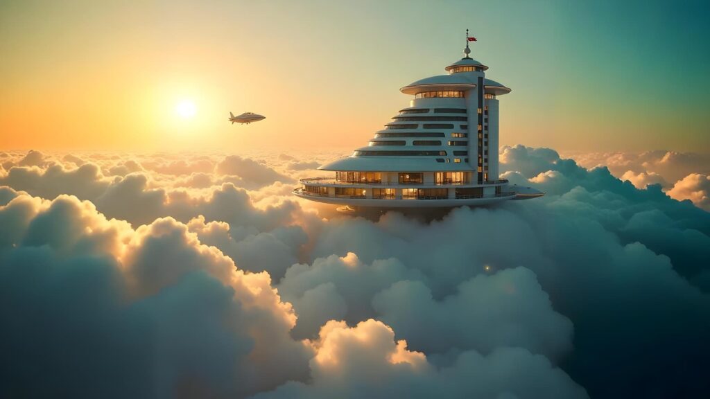 A hotel in the sky and a spacecraft flying by.