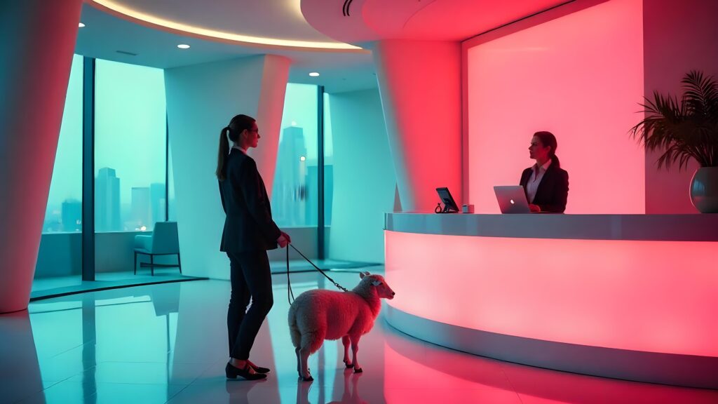 CXP Hero Image: A woman with a sheep as a pet is talking to a concierge behind a futuristic hotel counter.