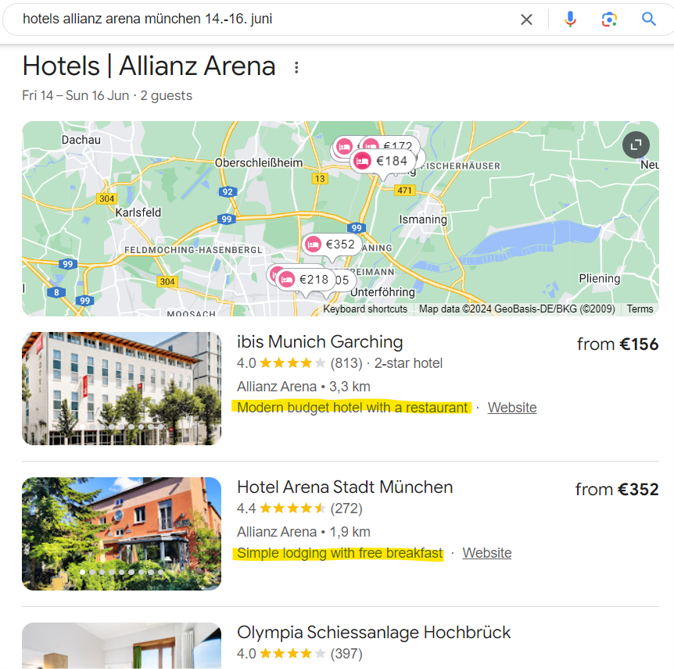 Search engine results page of hotels in Munich.