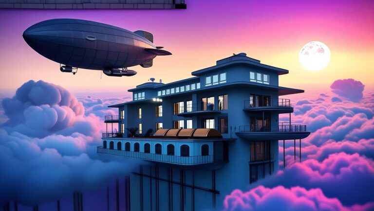 A futuristic retro-style hotel in the clouds and a flying object passing by