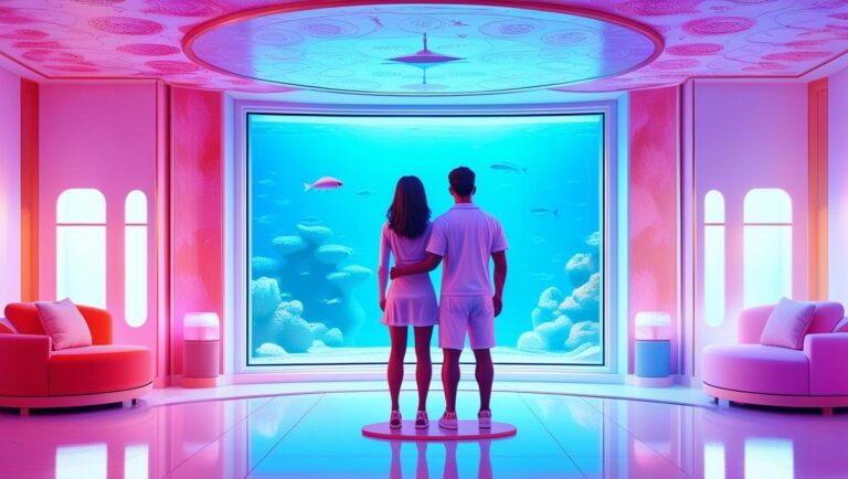 A distant view of a couple, a man with short hair and a woman with long black hair, stand in front of a window, looking out onto an aquarium of fish from their futuristic, pastel purple and pink hotel room.