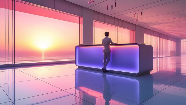 The silhouette of a 28 year old middle eastern man with black hair is standing behind a purple reception desk of a huge futuristic hotel lobby with a window and a sunrise in the background. A long shadow on the lobby floor