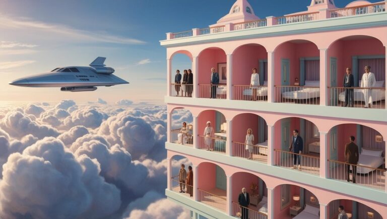 A hotel in the clouds as in a Wes Anderson Grand Budapest hotel movie. Isometric view into the hotel rooms. Some hotel guests standing a the balcony. A space ship passing like in science fiction movie passing by. Hyper-realstic drawing style