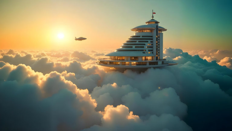 A photo of futuristic retro-style hotel in clouds. A space taxi passing by. The sun is shining.