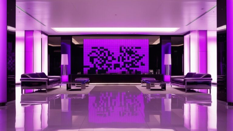 a photo of a futuristic hotel lobby in purple tones with a virtual, pixelated purple wall in the background.