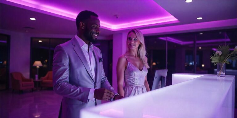 AI generated image of a happy couple checking into a modern, purple, futuristic hotel